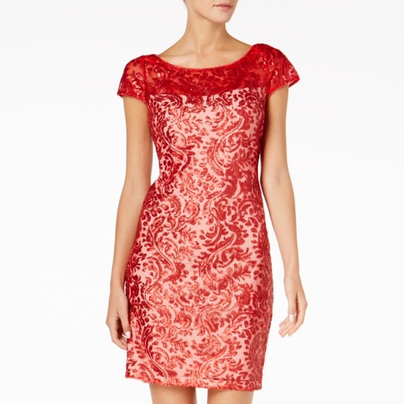 Calvin Klein Red Sequined Short Sleeve Sheath Dress - Picture 1 of 6